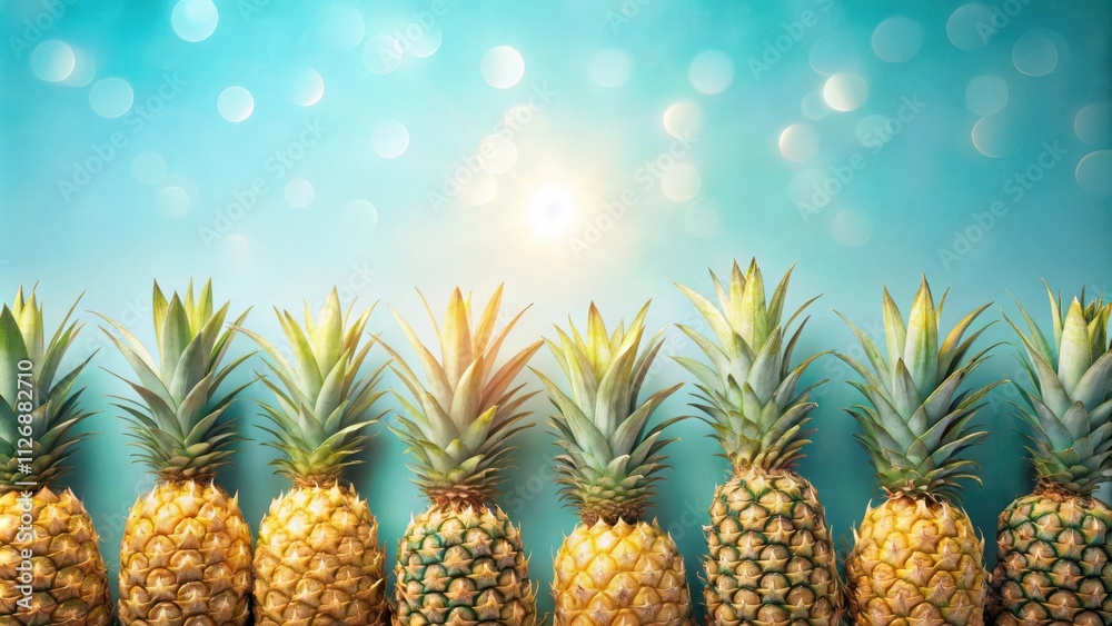 Poster tropical delight a row of ripe pineapples against a blue background with a sunlit bokeh effect