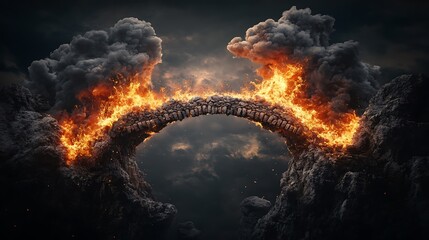 Fiery Volcanic Arch Bridge: A Dramatic 3D Render of Infernal Landscape AI Generated