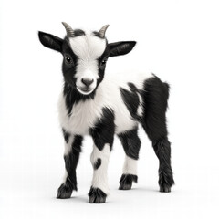 Fototapeta premium cute black and white baby goat standing on white background, showcasing its fluffy fur and curious expression