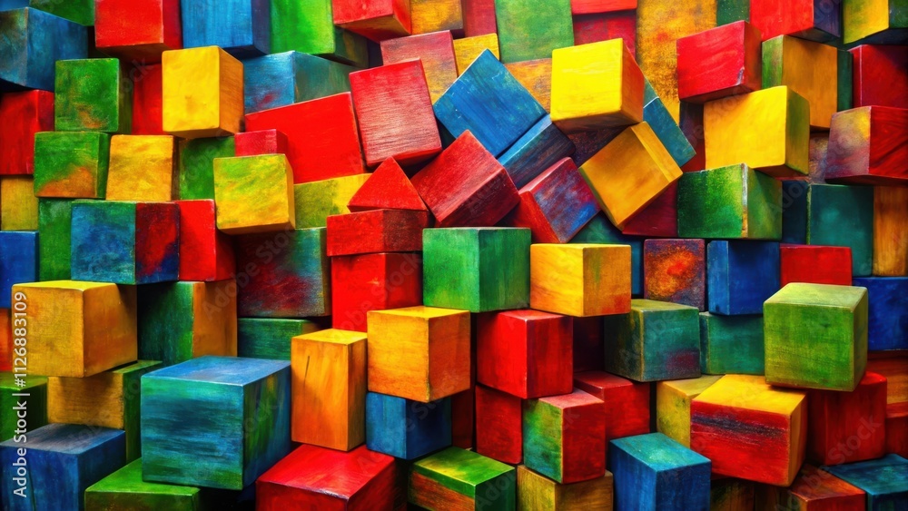 Poster A colorful arrangement of wooden blocks with vibrant hues and textures, creating a visual symphony of geometric shapes and playful patterns.