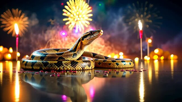 Majestic snake amidst colorful fireworks display and reflections
