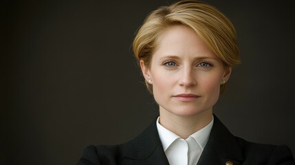 A woman with blonde hair and a white shirt is standing in front of a dark background. She is wearing a black jacket and she is posing for a photo