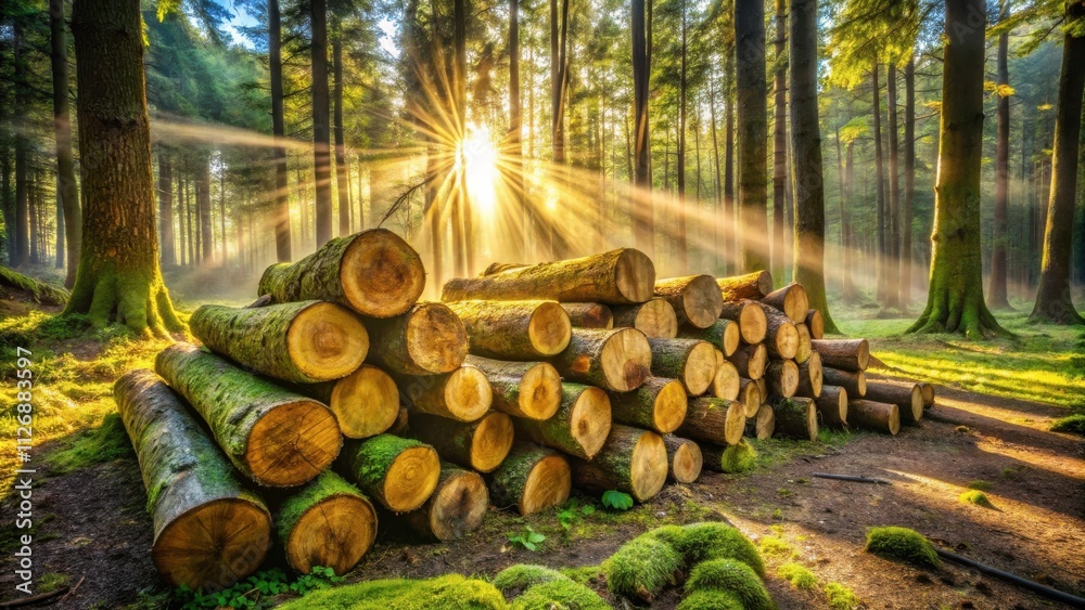 Aufkleber sunlight beams through the trees illuminating a pile of mossy logs in a misty forest