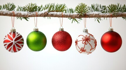 Obraz premium Decorative christmas ornaments hanging on snowy pine branch holiday decor winter setting close-up