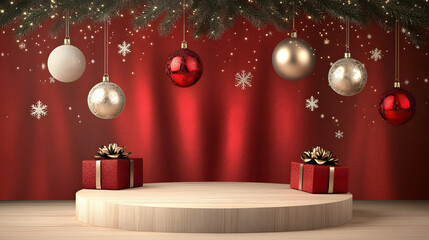 Festive Christmas Scene With Ornaments Gifts and Podium