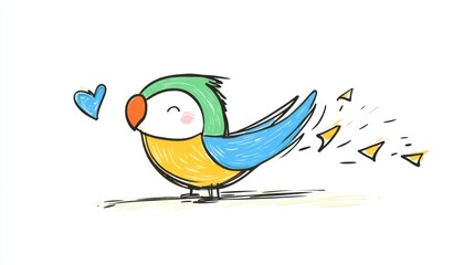 Colorful cartoon bird with vibrant feathers and playful expression in a cheerful doodle style