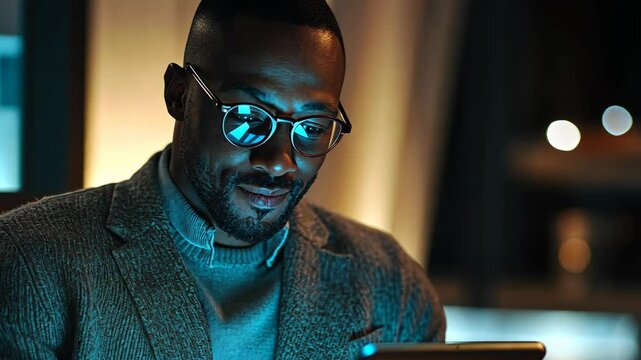 Smiling black man using digital tablet at home office reviewing data on his ipad in an office