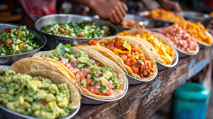 Obraz premium Assortment of delicious tacos at a street food market. Concept of diverse flavors and street food.