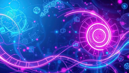 Fototapeta premium An abstract technology-themed background with intricate fractals, neon spiral waves, and glowing holographic symbols in electric blue and pink tones.