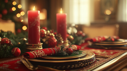 Christmas dinner table setting. Festive holiday decorations and candles.