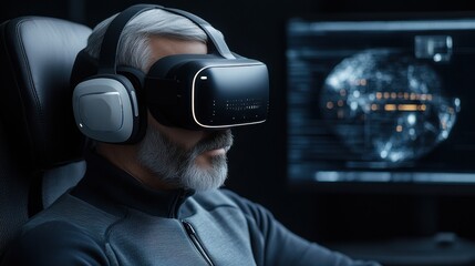 Senior man immersed in virtual reality experience with headset and headphones