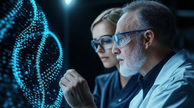 Scientists analyzing digital dna strand in futuristic laboratory