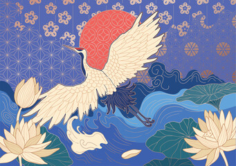 abstract illustration crane in minimalist asian style, with ornaments and waves