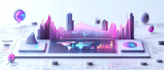 Representation of global data analytics with 3D graph and map on white background