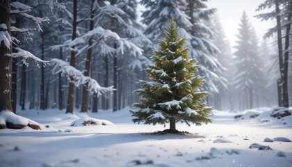 Fototapeta premium Christmas tree in a snowy forest with snowflakes, , snowy