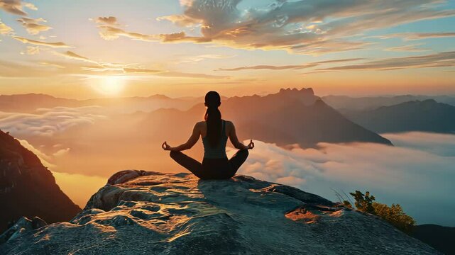 Serene mountain meditation at sunrise with majestic cloud cascade