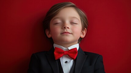 A young boy in a suit and red bow tie is sleeping on a red background. Concept of innocence and playfulness, as the child is dressed in formal attire but appears to be in a relaxed