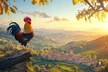 Vibrant rooster at sunrise overrolling hills rural landscape nature photography serene environment captivating viewpoint peaceful concept