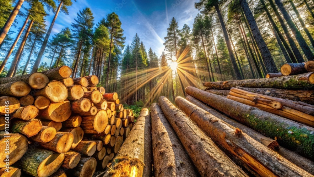 Poster sunlight beams through the tall, dense trees of a forest, casting long shadows on the freshly cut lo