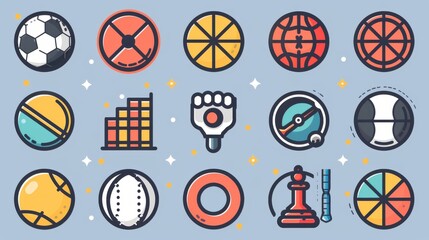 Vector design of sports icons, featuring football, cricket, golf, tennis, swimming, and chess, in a sleek, editable line style