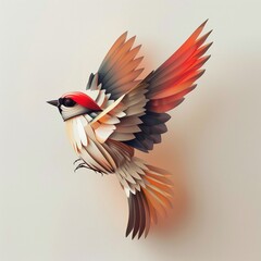 Obraz premium Elegant bird in flight with intricate details and soft pastel colors on a neutral background.