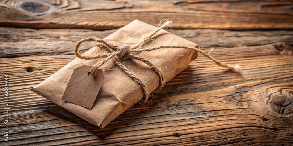 Poster rustic brown paper package tied with twine and a blank tag resting on aged wood