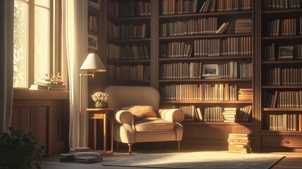 Cozy reading nook with warm afternoon light.