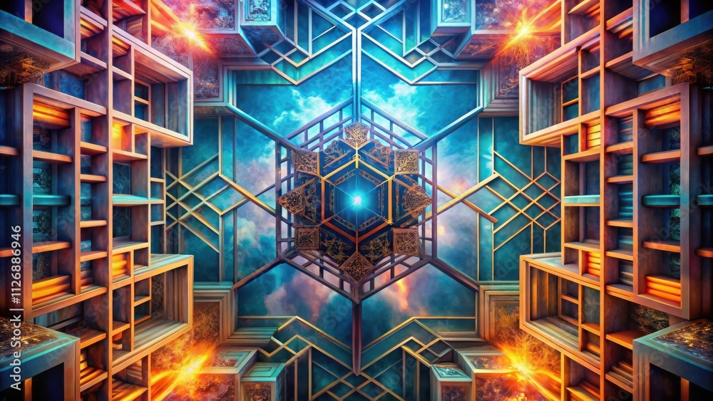 Poster a glowing geometric structure with interconnecting squares and rectangles creating a celestial porta