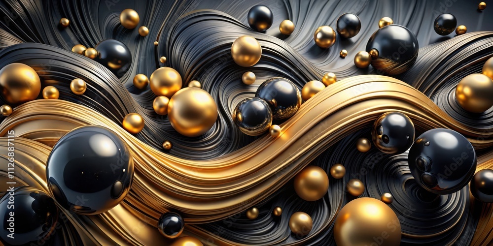 Poster a symphony of swirling black and gold, a mesmerizing interplay of curves and spheres, a visual testa