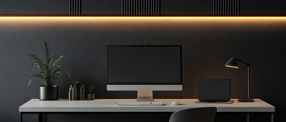 Minimalist Home Office with Black Decor and Warm Lighting