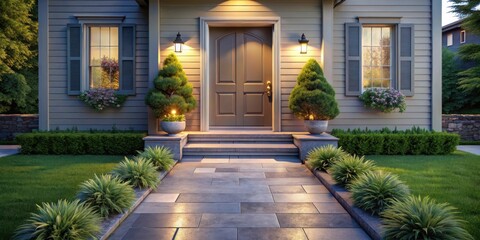Obraz premium Evening Ambiance Welcoming Entrance with a Stone Walkway, Flanked by Lush Greenery and Illuminated by Warm Lighting