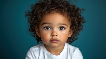 Naklejka premium A young child with brown hair and brown eyes is looking at the camera. The child is wearing a white shirt and has a small smile on their face. Concept of innocence and curiosity