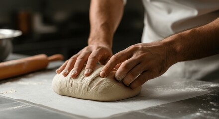 Artisan baker kneading dough on wooden surface