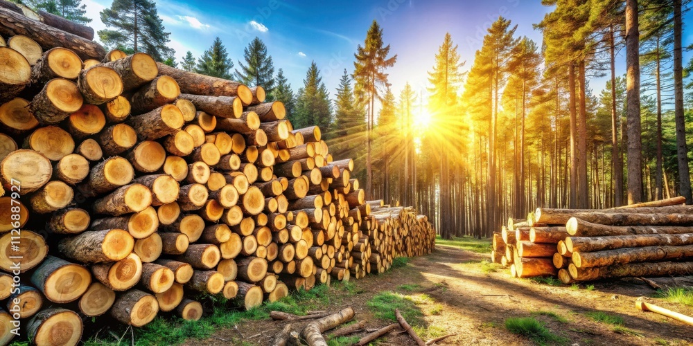 Poster Sunlight filtering through the tall trees illuminates a pile of freshly cut logs in a forest setting.