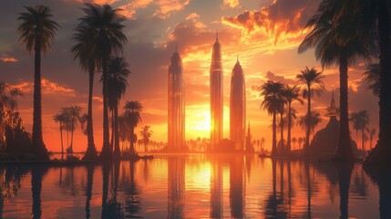 Sunset skyline with palm trees and futuristic towers