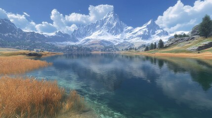 Obraz premium Serene Mountain Lake Reflecting Majestic Snowcapped Peaks