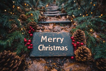 Winter wonderland merry christmas sign in lush forest holiday decor serene atmosphere