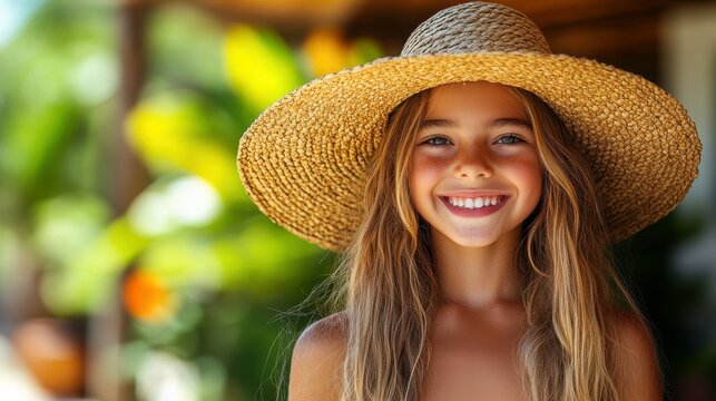 A young girl wearing a straw hat is smiling. She is wearing a bikini and is standing in front of a green plant