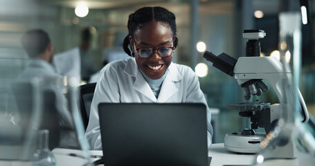 Black woman, writing notes and scientist with laptop to document test results, research and study....