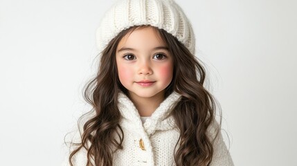 A young girl with long brown hair and a white hat is smiling. She is wearing a white jacket and a white hat