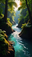 Tropical River Sunset Illustration Amazon Rainforest Jungle Scene with Flowing River