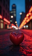 Heart-shaped object amidst a city illuminated by red lights