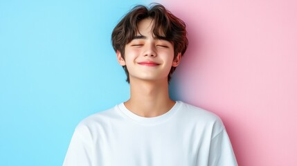 A young man is smiling and looking at the camera. He is wearing a white shirt and is standing in front of a blue and pink wall