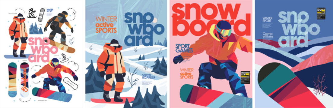 Snowboard. Snowboarding.Vector abstract illustration of winter extreme sport, man snowboarding in mountains outdoors, winter landscape and icons for poster, flyer, leaflet or background