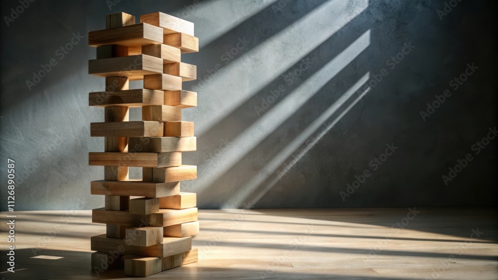 Aufkleber a tower of wooden blocks standing tall against a gray wall with sunbeams shining through a window