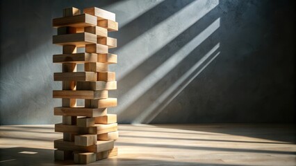 A Tower of Wooden Blocks Standing Tall Against a Gray Wall with Sunbeams Shining Through a Window