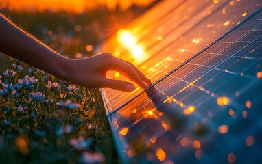 A closeup of a hand touching a glowing solar panel