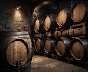 Close-up of a wine barrel stacked with other barrels in a dark cellar, winery, wooden, wine, storage, stack