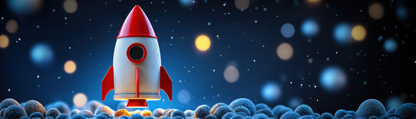 A vibrant rocket stands amidst clouds and colorful stars, symbolizing adventure, exploration, and...