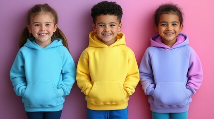 Three children are standing next to each other, all wearing yellow hoodies. They are smiling and seem to be enjoying themselves. Concept of warmth and happiness